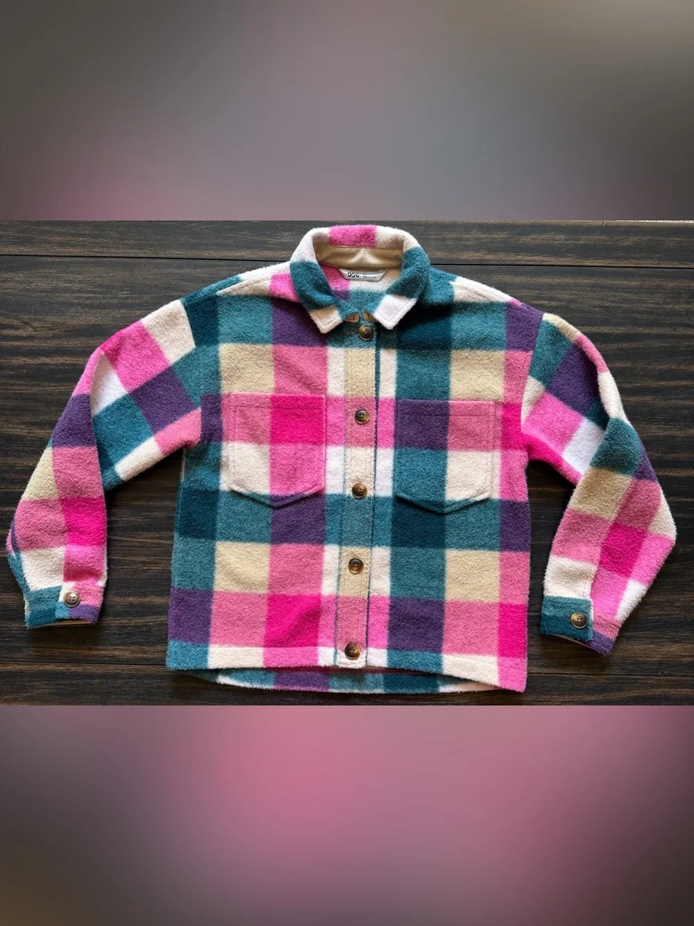 DSG Colorblock Plaid Shacket in Pink, Teal, Green, Cream, Purple, Girls M